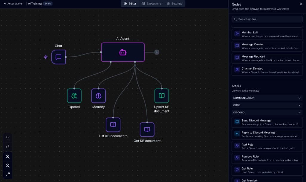 Viewprint visual automation editor showing an AI agent and Discord workflow nodes