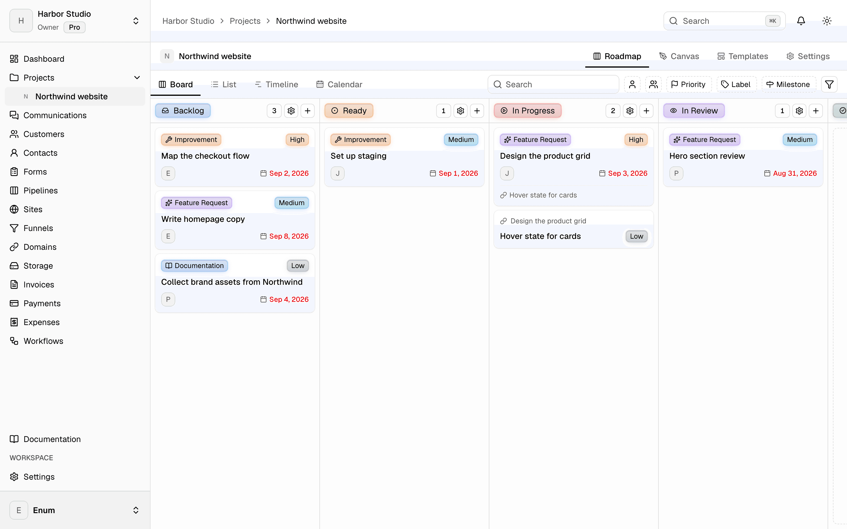 Planeward project board with tasks organized into status columns