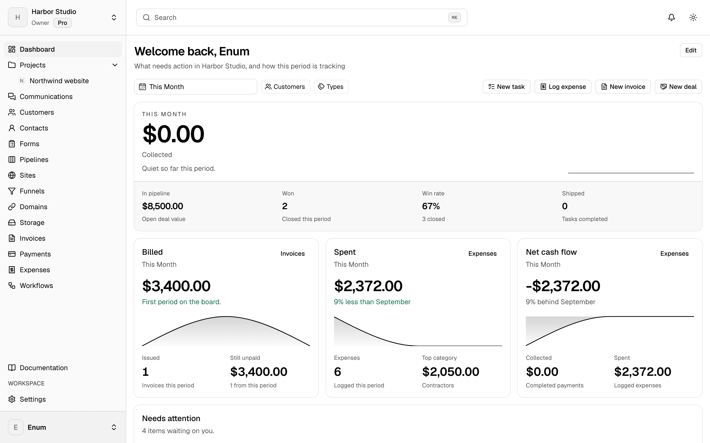 Planeward workspace home with pipeline, billing, spending, and cash flow summaries