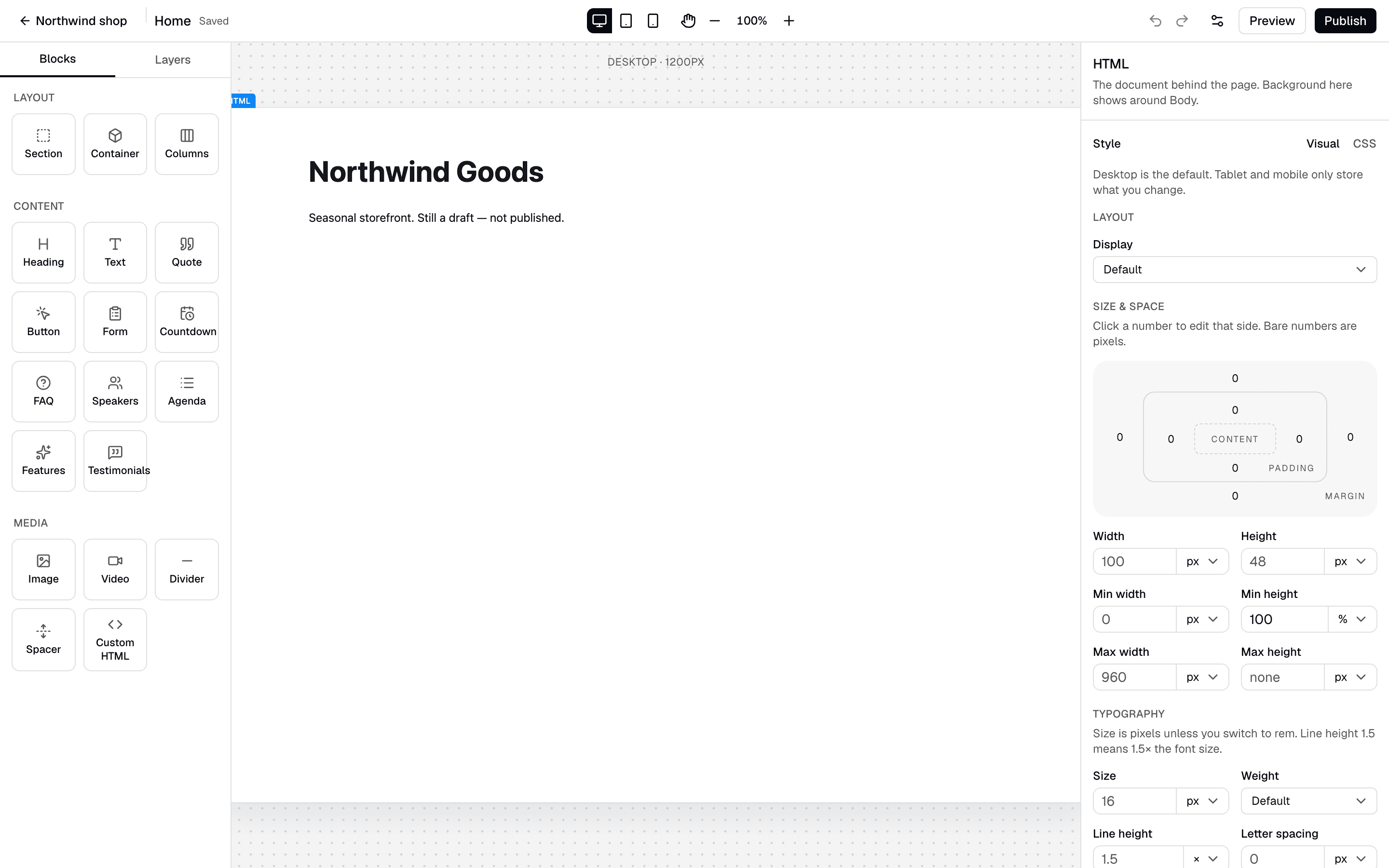 Planeward site editor with block library, canvas, and style inspector