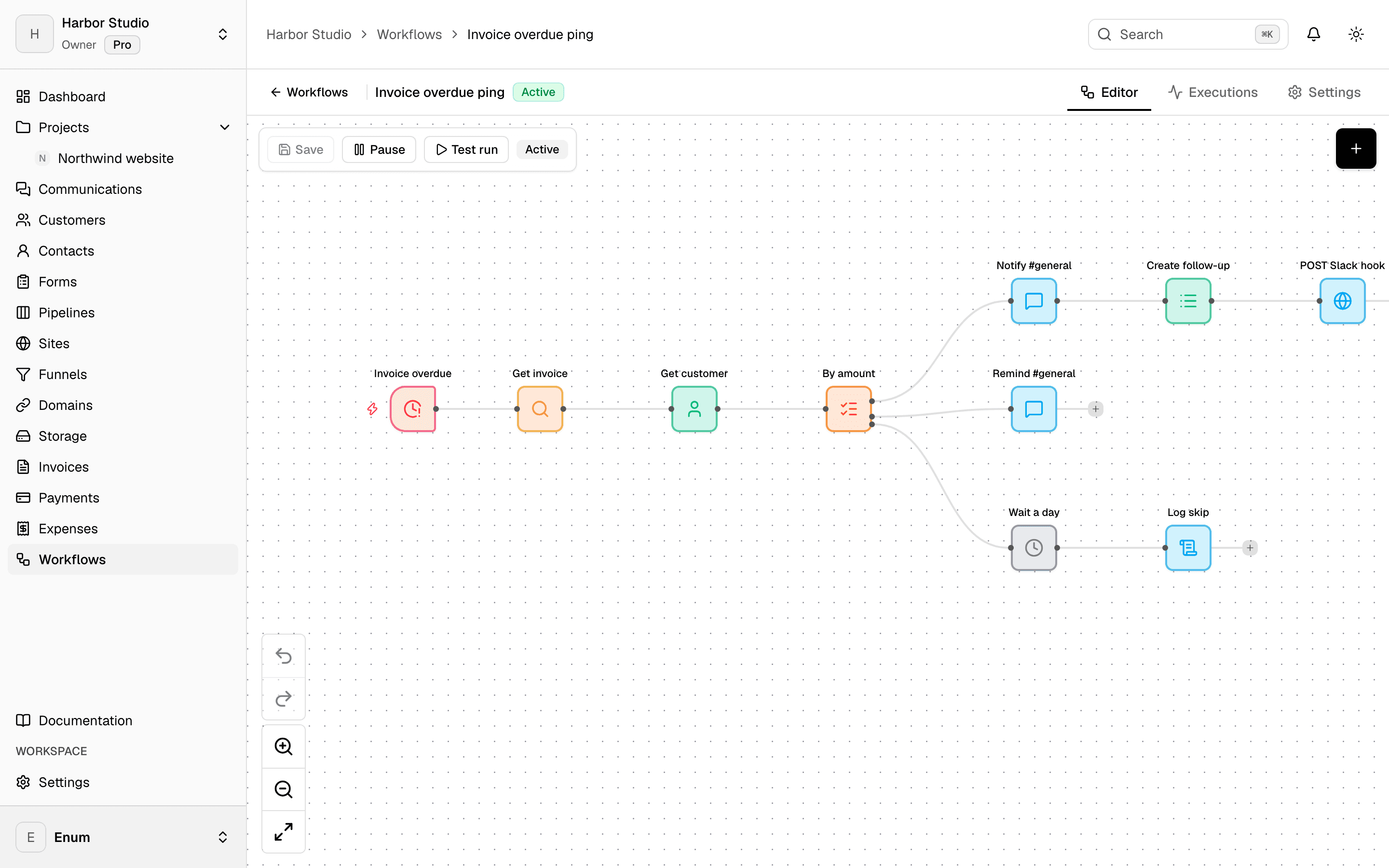 Planeward workflow editor with an overdue invoice workflow that branches by amount